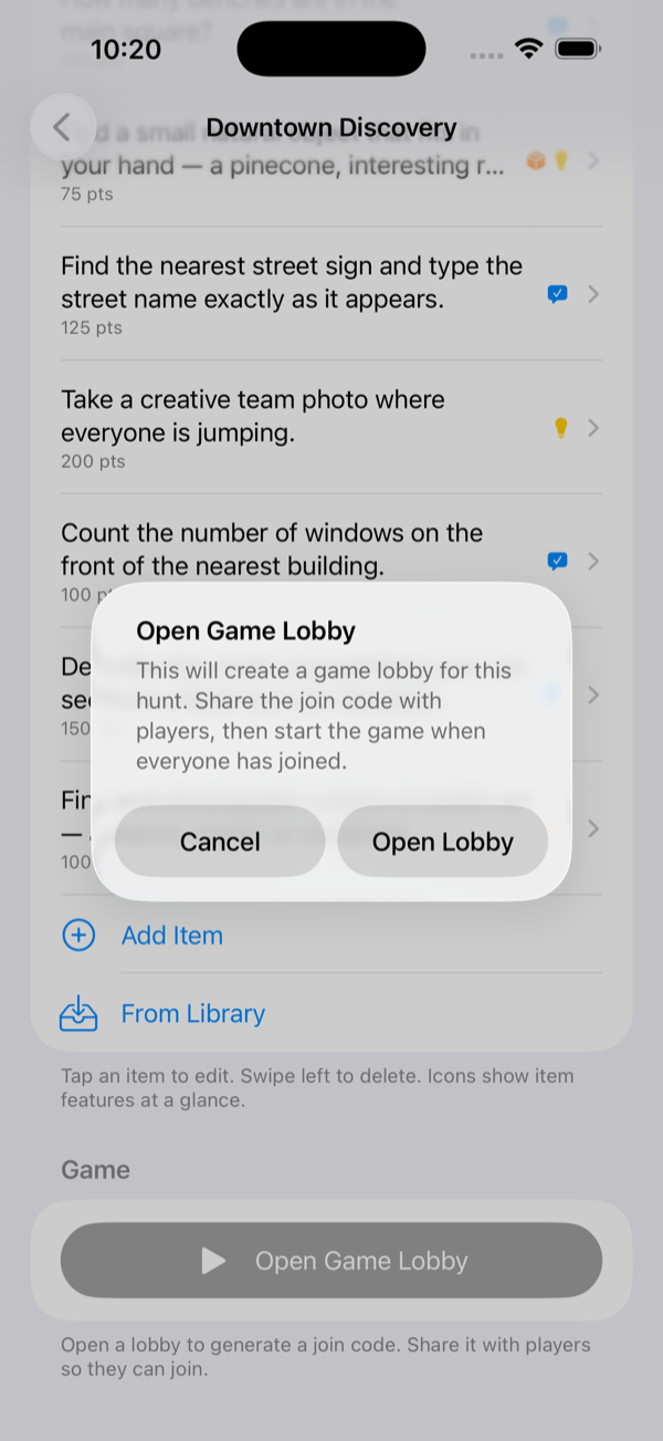 Open Game Lobby confirmation dialog