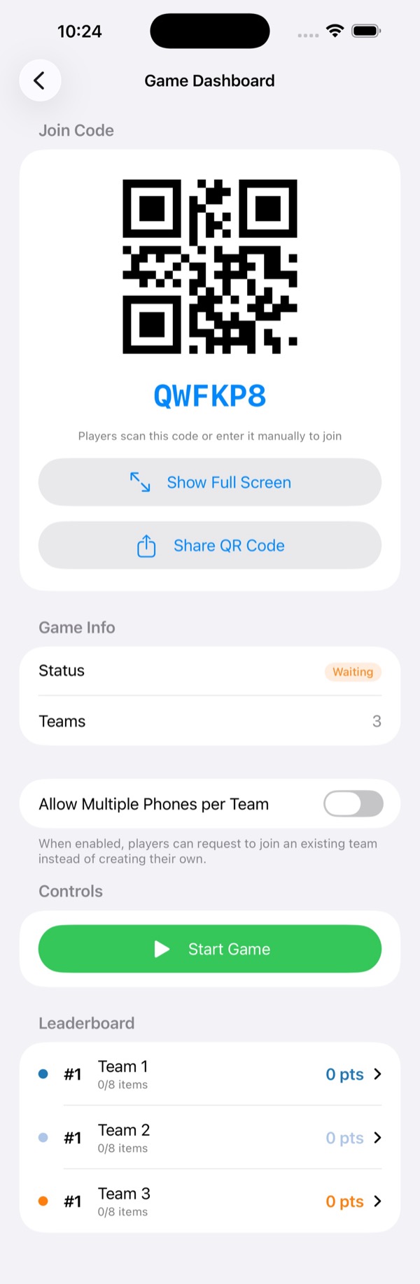 Game Dashboard in waiting state