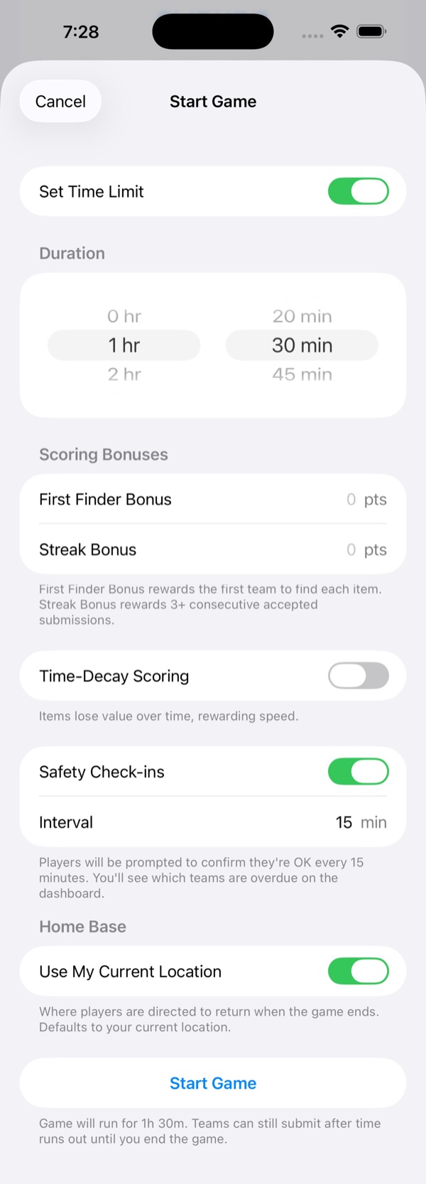 Start Game settings screen