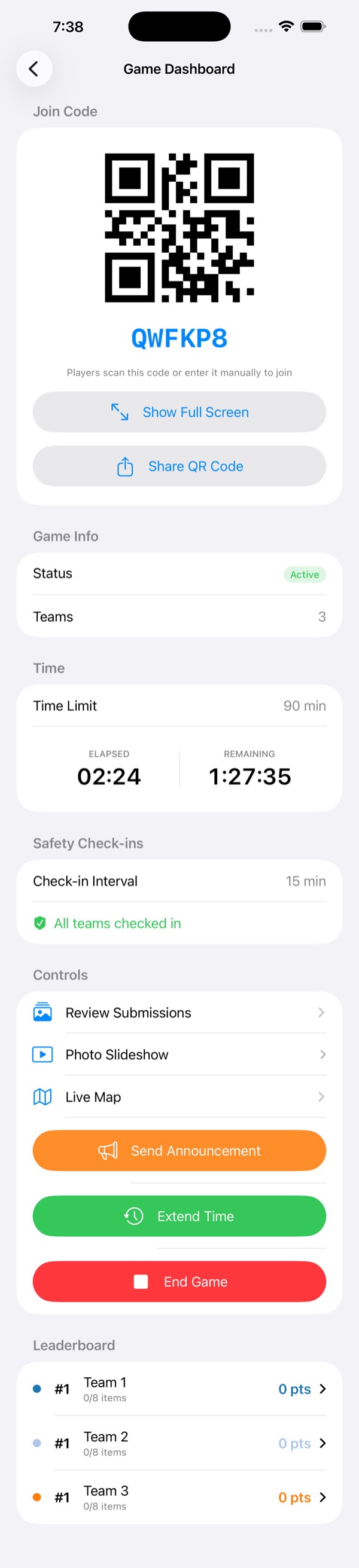 Game Dashboard in active state