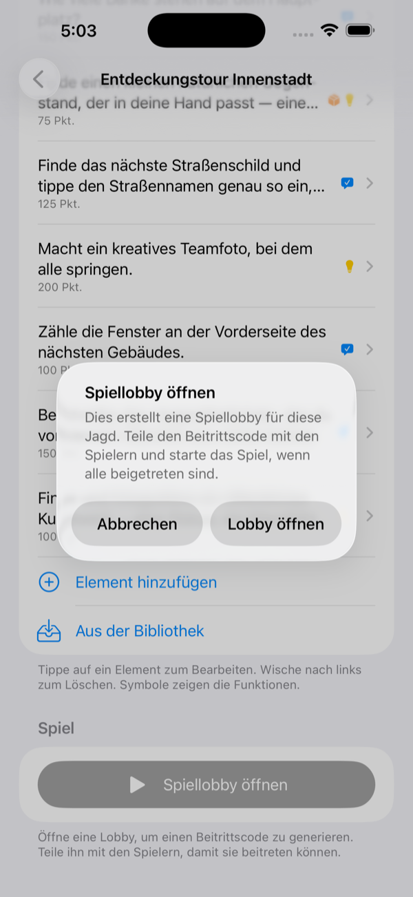 Spiellobby öffnen Bestätigungsdialog