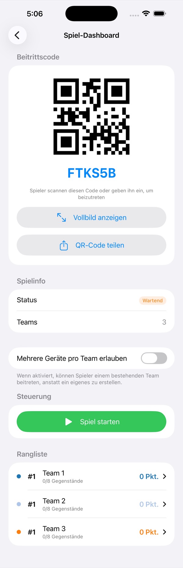 Spiel-Dashboard im Wartezustand