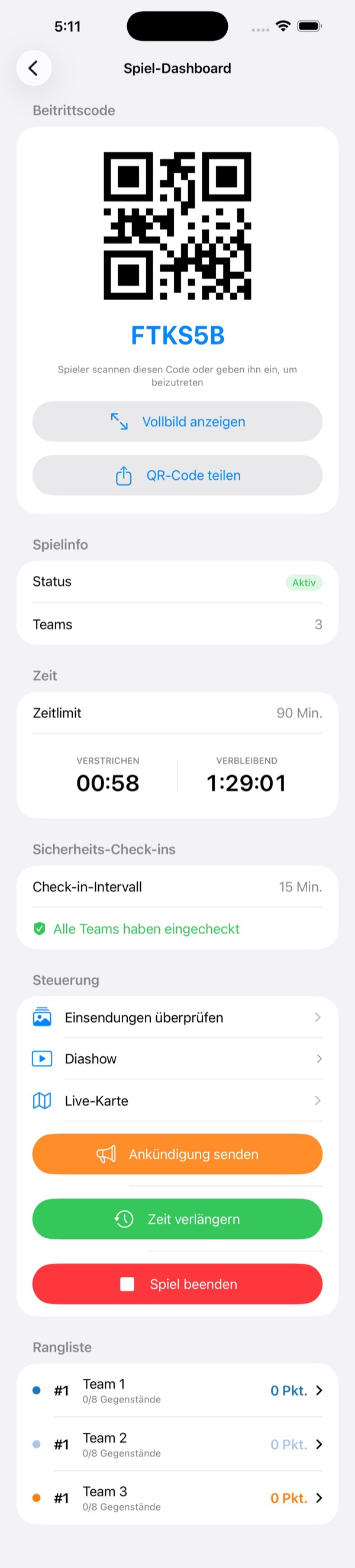 Spiel-Dashboard im aktiven Zustand