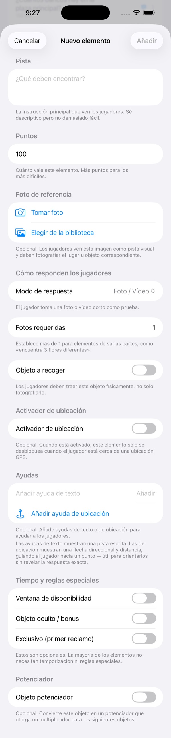 Pantalla del editor de elementos