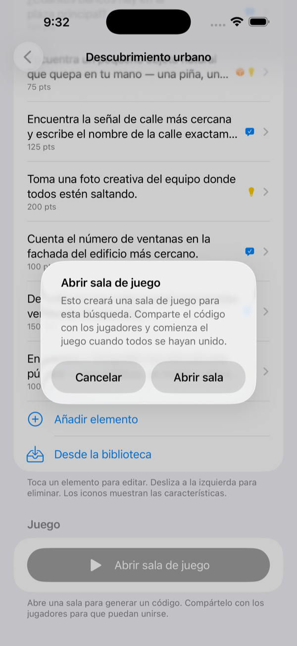 Di&aacute;logo de confirmaci&oacute;n de abrir sala de juego