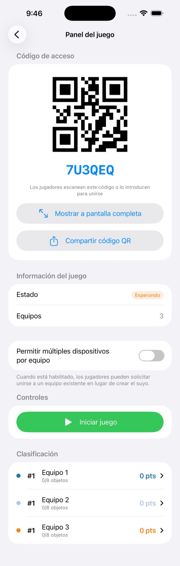 Panel del juego en estado de espera