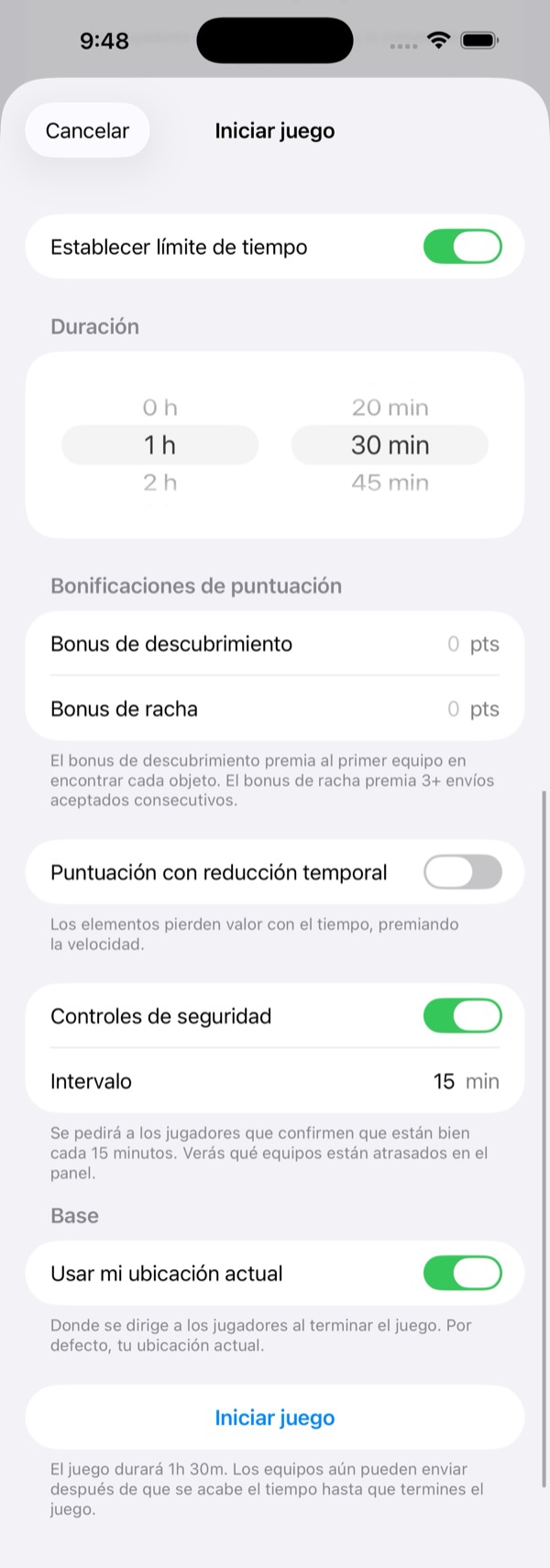 Pantalla de configuraci&oacute;n de iniciar juego