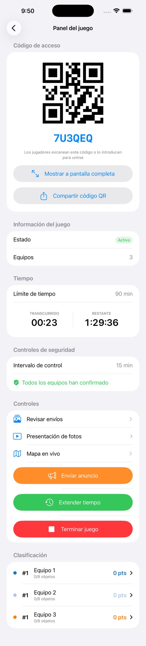 Panel del juego en estado activo